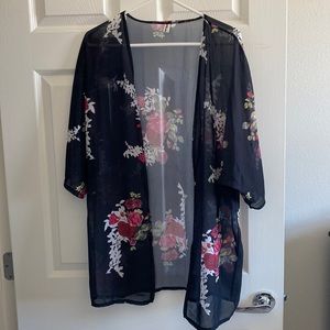 Sheer black kimono with red rose and white design, size medium